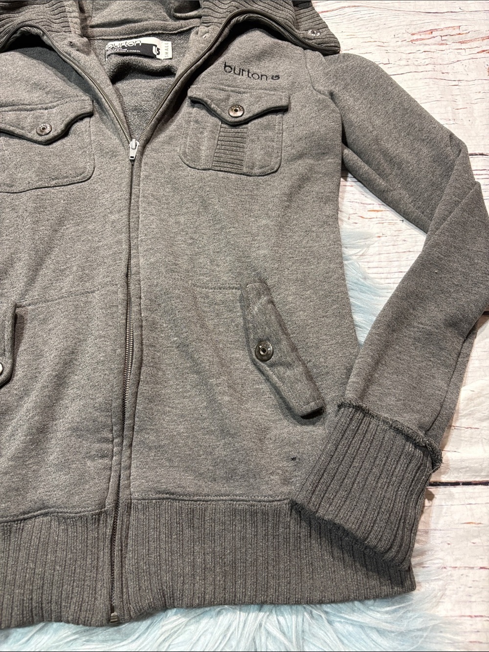 Burton Gray Hooded Ribbed Button Front Sweatshirt Jacket - Picture 8 of 9